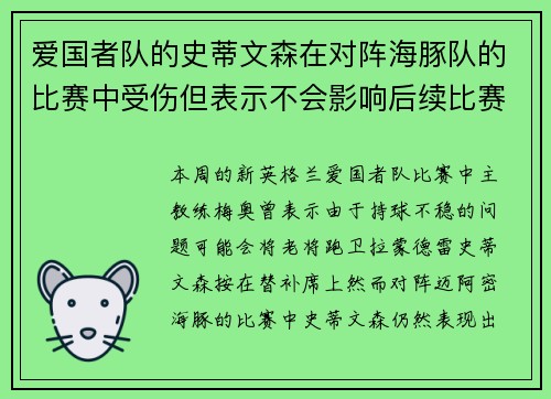 爱国者队的史蒂文森在对阵海豚队的比赛中受伤但表示不会影响后续比赛